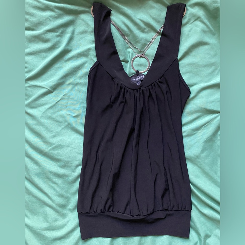 Y2k tempted black baby doll tank top with back metal O ring